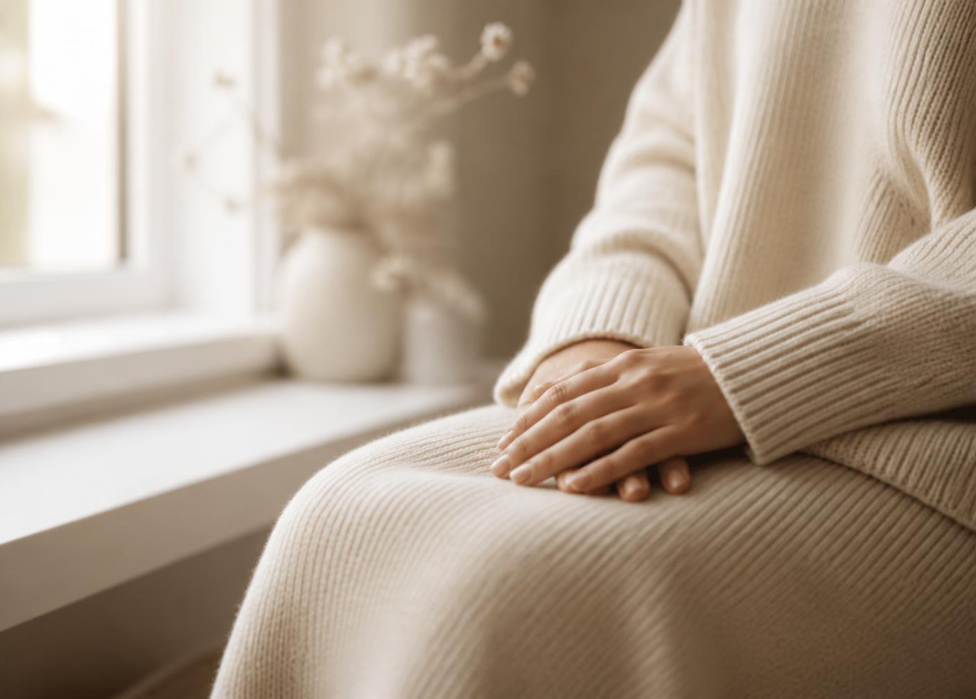 A woman sitting calmly in soft natural light